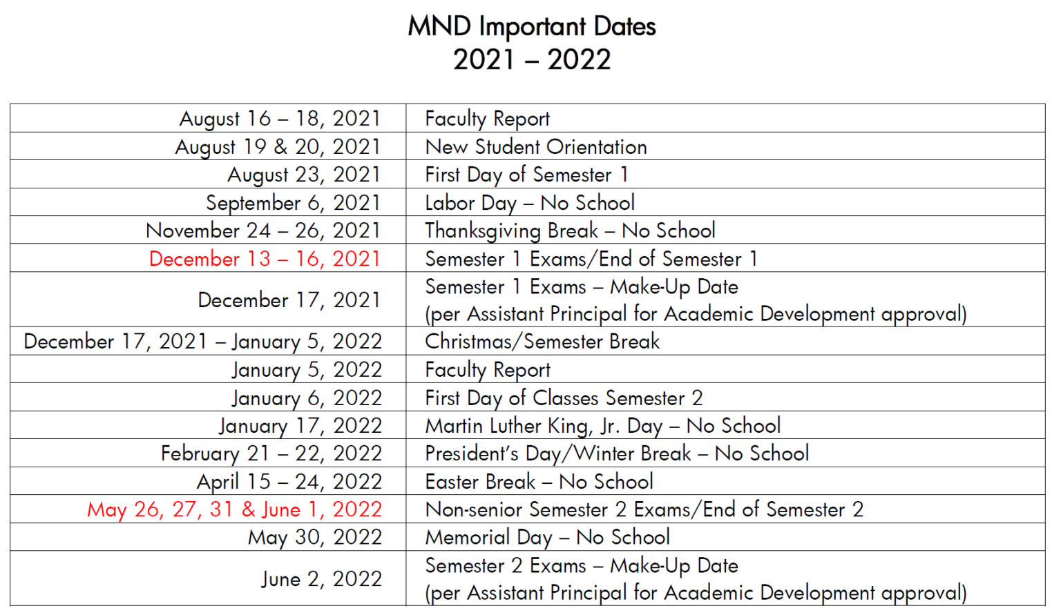 Calendar - Mount Notre Dame High School